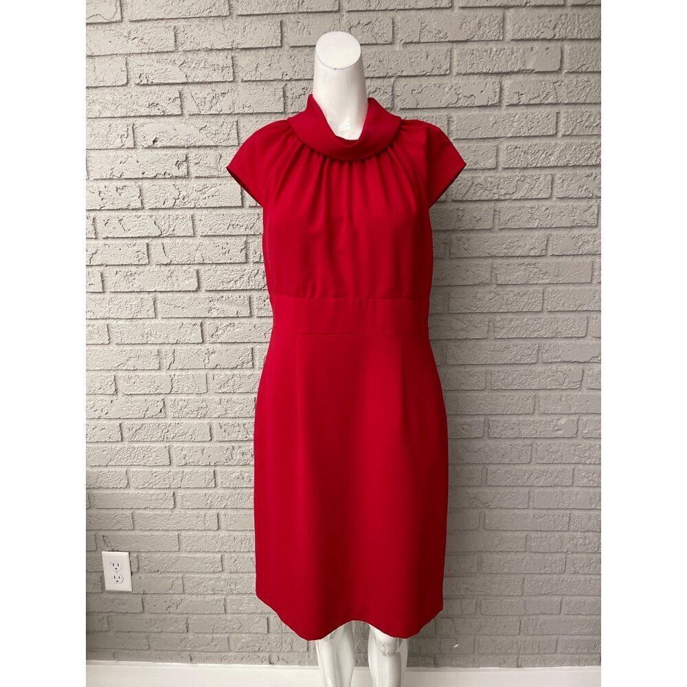 Petite Sophisticate Women Red Fold-Over Collar Cap Sleeve Sheath Dress Size 10P